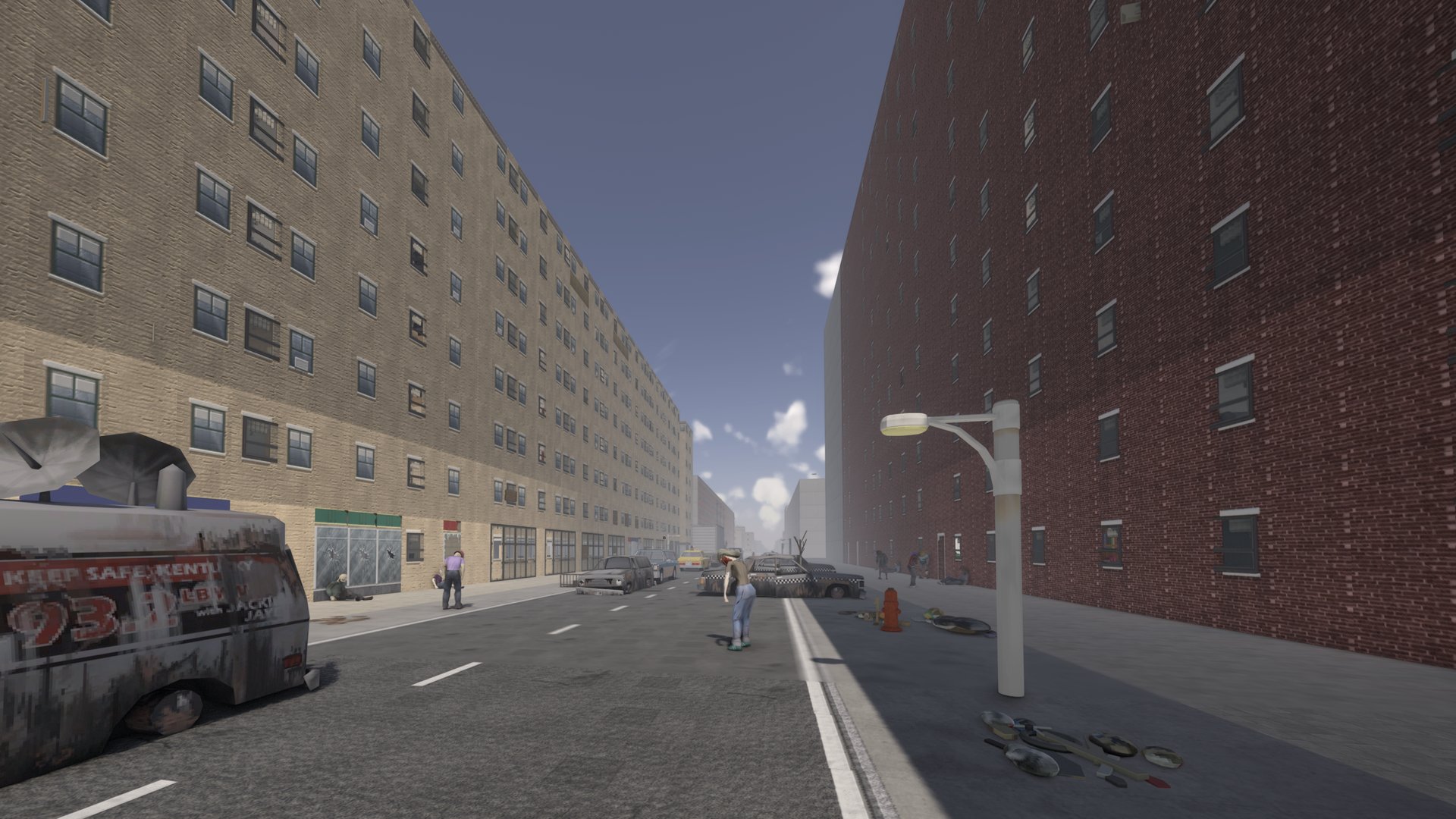 A long first-person avenue between brick blocks, a burnt-out van in the foreground