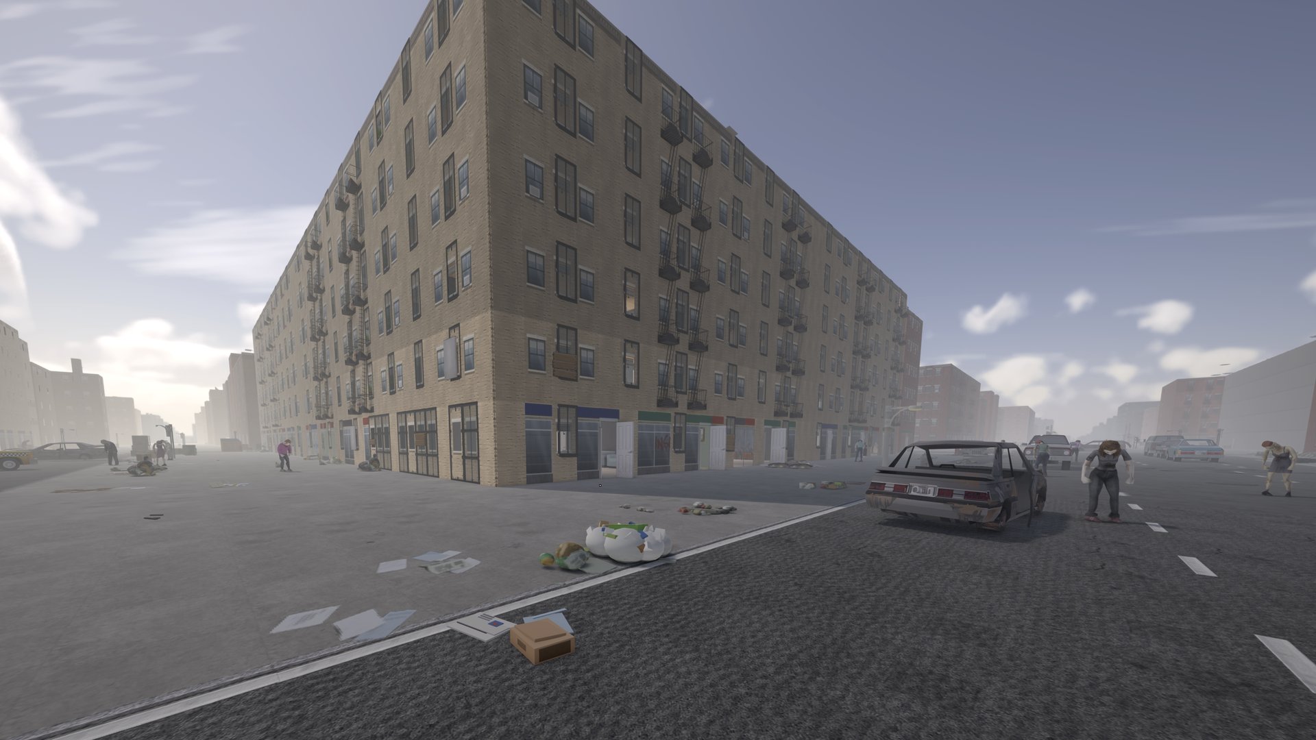 A Midtown corner block with wrecked cars and zombies on the avenue