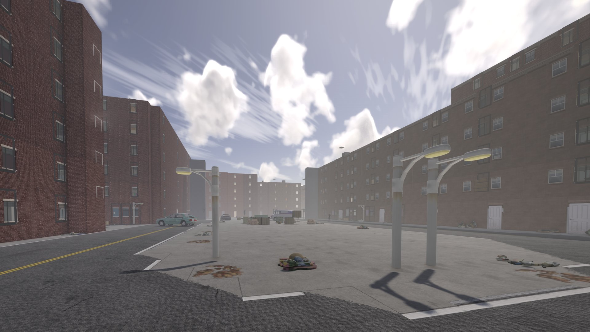 A fogged brick plaza with debris and street lamps